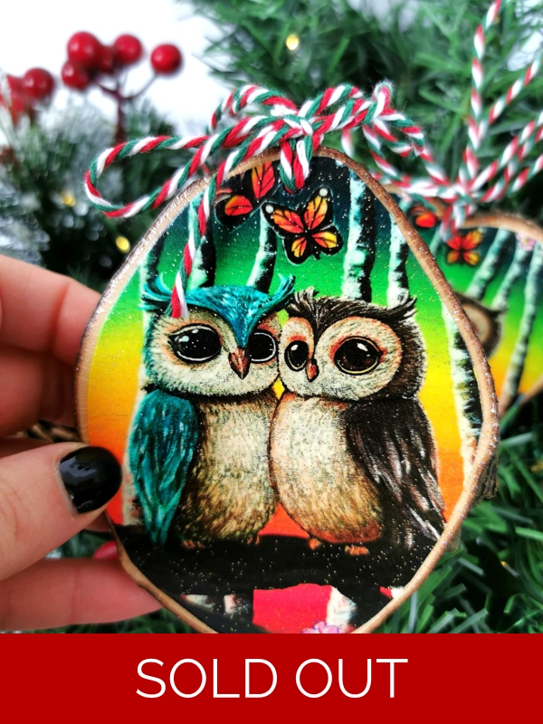 Lovely Owls Ornaments, Art Print On Wood